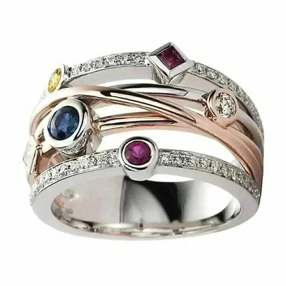 Gorgeous 14k Rose Gold Sterling Silver Diamond Multi Precious Stone Ring - Picture 8 of 8